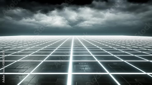 Futuristic grid with neon lights and stormy clouds backdrop creating a dramatic scene