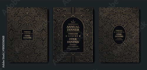 Luxury background, geometric Art Deco pattern, elegant gold line art, Gatsby border for premium gala designs. Modern vector template, VIP invitations, posters, covers, prestige event branding.