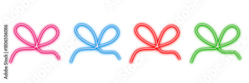 Neon glowing bow vector icons set, ribbon, gift, present, festive, celebration, decorative, vibrant colorful digital design illustration on transparent background.