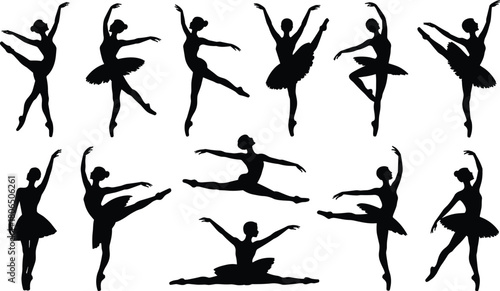 Ballet dancer silhouette, classical ballet pose, elegant movement, dance performance art, pirouette arabesque split, graceful female figure, black silhouette, ballet choreography, dance studio concept