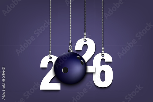 Numbers 2026 and bowling ball as a Christmas decorations are hanging on strings. New Year 2026 are hang on cords. Template design for greeting card. Vector illustration on isolated background