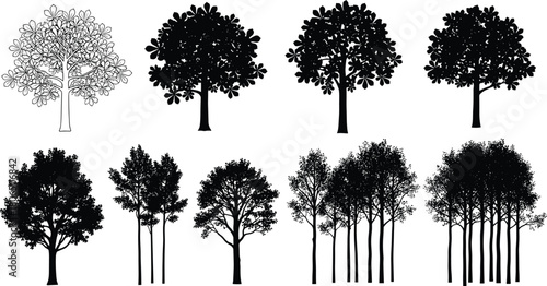 Tree silhouettes collection, diverse foliage shapes, black vector trees, isolated botanical elements, nature graphics, forest icons, landscape design assets