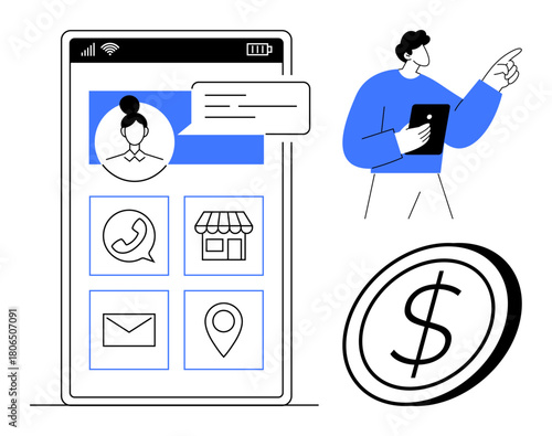 Mobile screen with user profile, chat, call, mail, store, and map icons. Man holding a tablet and dollar coin emphasizes connectivity, business finance and communication. Ideal for technology