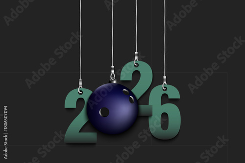 Numbers 2026 and bowling ball as a Christmas decorations are hanging on strings. New Year 2026 are hang on cords. Template design for greeting card. Vector illustration on isolated background