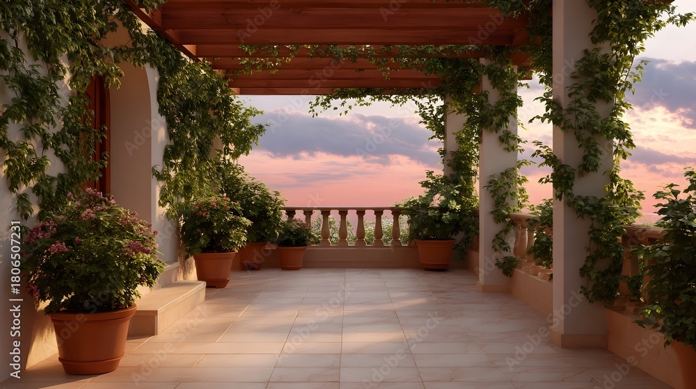 Obraz premium A serene outdoor terrace adorned with lush green vines and potted plants overlooking a beautiful sunset sky