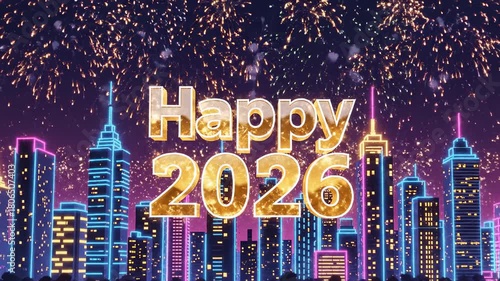 Happy New Year 2026 Celebration with Fireworks over City Skyline.