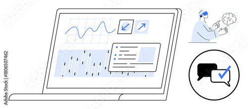 Laptop screen displaying graphs, data charts, and analytics, a researcher using VR, and a messaging icon. Ideal for data visualization, technology, innovation, communication research education