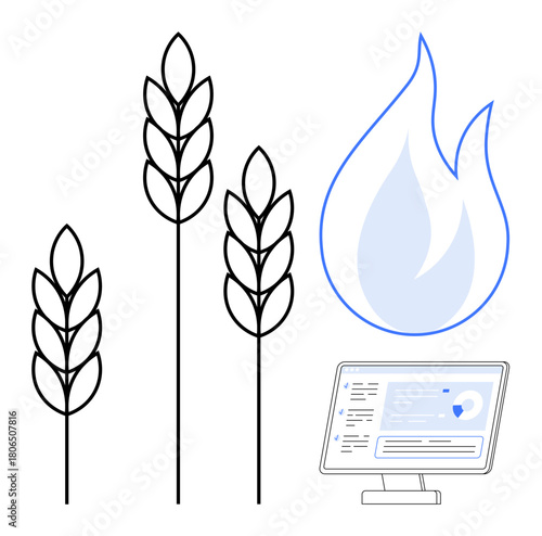 Three wheat stalks next to a flame and data displayed on a monitor. Ideal for farming, analytics, technology, risk management, sustainability, fire safety, food security. Simple flat metaphor