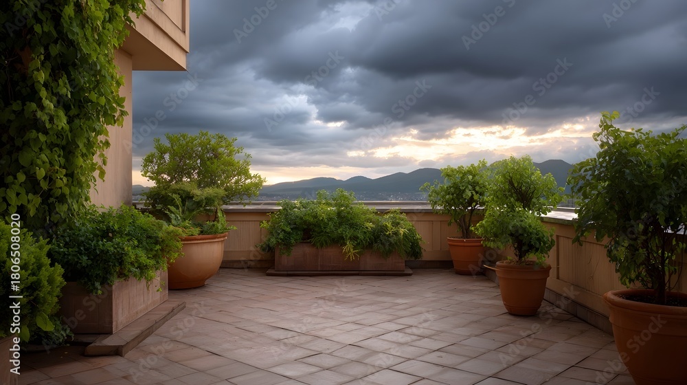 Naklejka premium Dramatic terrace view with potted plants and vines under stormy dawn clouds