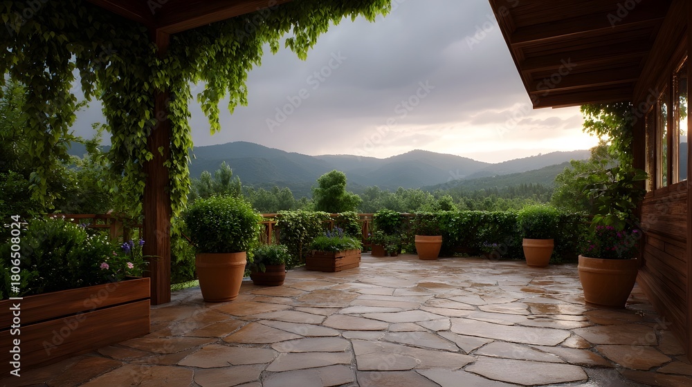 Naklejka premium A dramatic outdoor terrace with potted plants and vines overlooks lush mountains under stormy dawn clouds