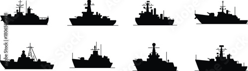 Naval ship silhouettes, military vessel icons, warship profiles, radar mast shapes, fleet comparison, maritime defense, black silhouettes, strategic navy illustration, isolated white background