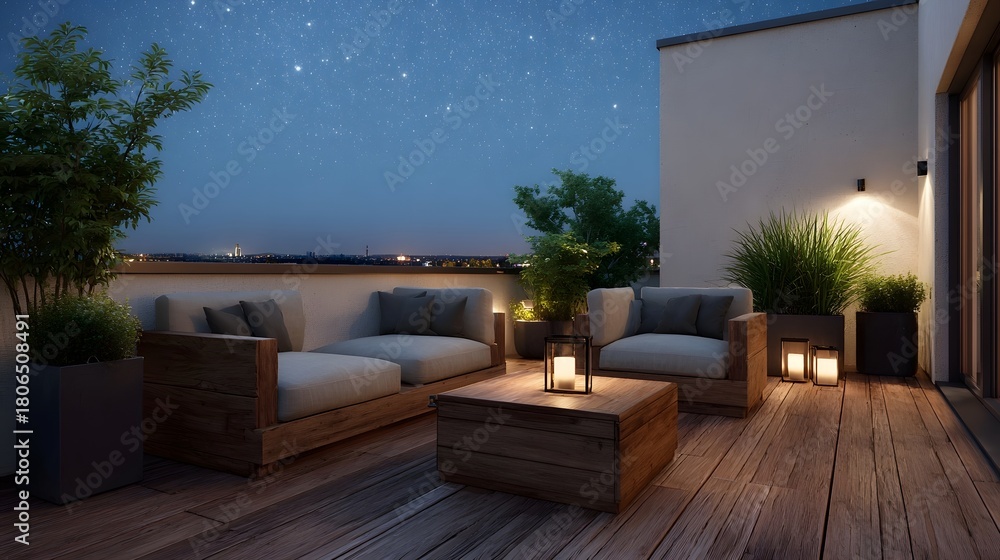 Obraz premium Inviting outdoor terrace with modern wooden furniture and lanterns under a starlit night sky