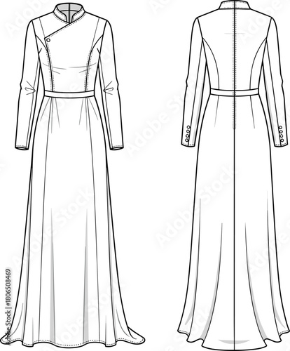 Elegant long-sleeved wrap dress fashion illustration, front and back view, asymmetrical neckline, modest formal wear, vector garment sketch