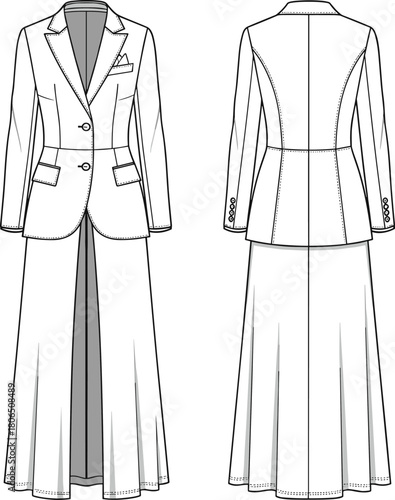 Elegant long tailored coat dress, fashion illustration front and back view, blazer bodice, pleated skirt, formal wear design vector