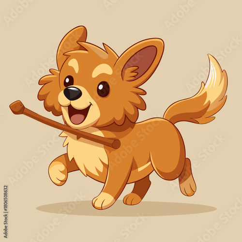 A cute corgi puppy is running with a stick in its mouth happily