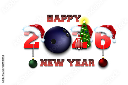 Happy new year. 2026 with bowling ball. Numbers in Christmas hats with skittles and Christmas tree ball. Original template design for greeting card. Vector illustration on isolated background
