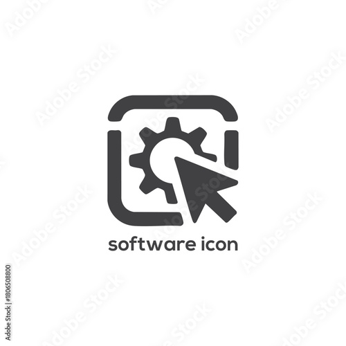 Simple black and white software icon vector illustration showing a gear and mouse cursor arrow clicking for settings application

