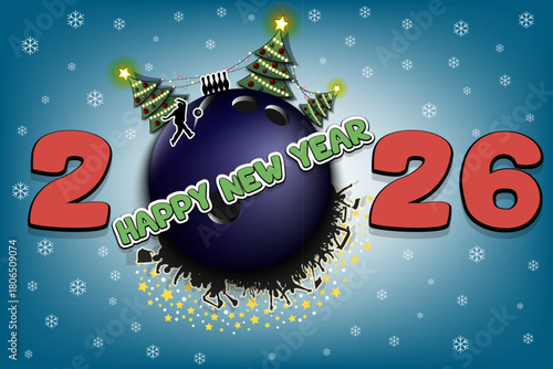 Happy new year. 2026 with bowling ball, Christmas trees, bowling player and fans. Original template design for greeting card, banner, poster. Vector illustration on isolated background