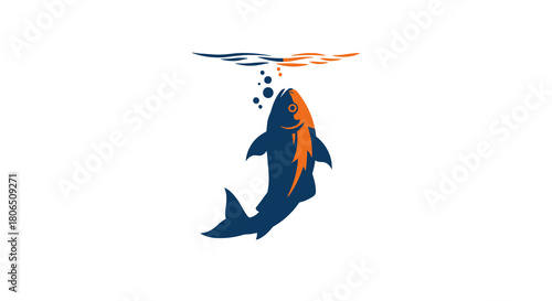 Vibrant graphic illustration of a fish with a striking lightning bolt symbol, dynamically interacting with water, showcasing power and motion