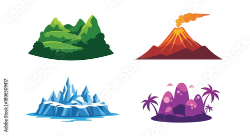Cartoon illustrations of diverse landscapes mountains volcano ice and tropical island