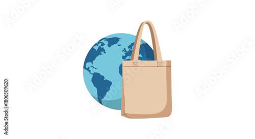 Reusable canvas tote bag in front of the Earth, symbolizing a global commitment to environmental conservation and sustainable, zero-waste living