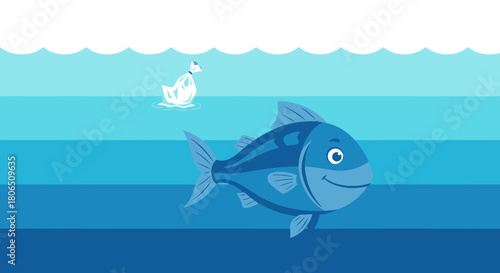 Smiling Fish Swimming in Blue Sea with Diving Bird Illustration