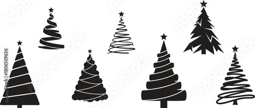 Collection of stylized christmas trees in black silhouette on white background