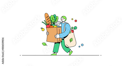 A person walks carrying a grocery bag filled with fresh produce and a baguette, accompanied by a reusable shopping bag