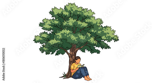 Young man enjoying a peaceful moment, sitting and reading a book under the shade of a vibrant green tree, connecting with nature and knowledge
