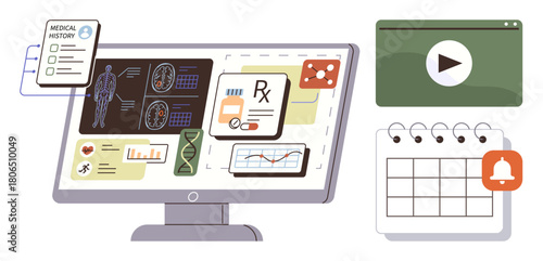 Computer screen displaying medical history, diagnostics, prescriptions, genetic analysis, and graphs. Adjacent video window and calendar with notification bell. Ideal for healthcare, diagnostics