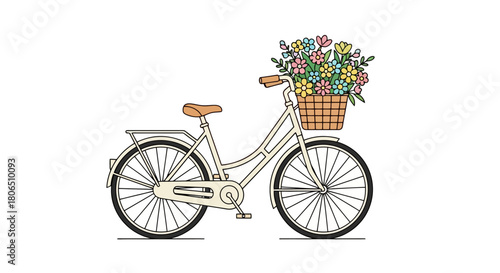 Charming vintage bicycle illustration adorned with a wicker basket brimming with vibrant, colorful spring flowers, perfect for leisurely rides and enjoying nature
