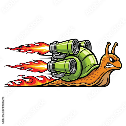 Cartoon illustration of a fast snail with a rocket jet engine on its shell, moving at high speed with fire and flames