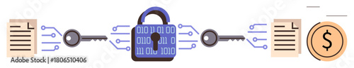 Documents connected by keys to a digital padlock with binary code, representing encrypted data transfer and blockchain concepts. Ideal for cybersecurity, finance, blockchain, data protection