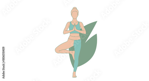 Minimalist vector illustration of a woman practicing the tree yoga pose, Vrksasana, for a concept of balance, wellness, and healthy lifestyle