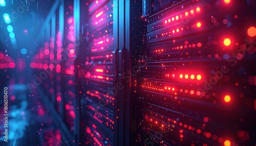 DDoS Network Attack Visualization: Glowing red data streams flooding network nodes in dark server room
