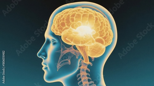 mystical glowing pineal gland floating inside a transparent human head