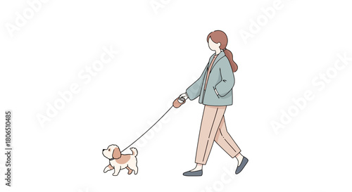 Simple flat vector illustration of a young woman walking her small dog on a leash, depicting an everyday outdoor pet activity and companionship