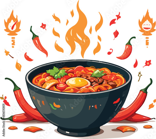 Hot and spicy noodle bowl with chilis and egg is perfect for authentic food blogs, restaurant menus, and vibrant culinary projects