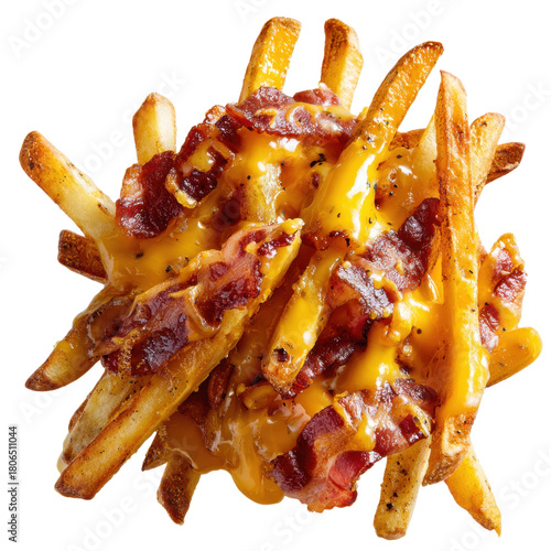 Loaded French Fries with Melted Cheese and Bacon Pieces Overhead View
