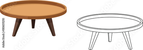 A modern round side table shown in color and as a wireframe drawing