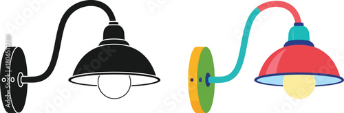 Two wall lamps one black and white one colorful shown in a side view