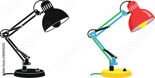 Two adjustable desk lamps shown in both black and red color variations