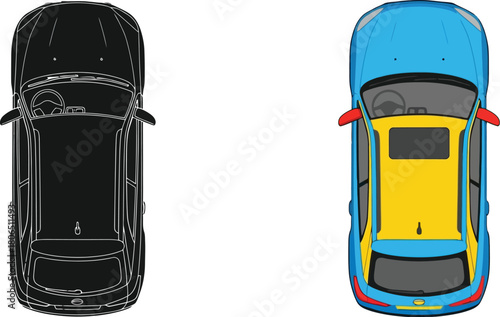 Aerial view of two modern cars one black one blue and yellow