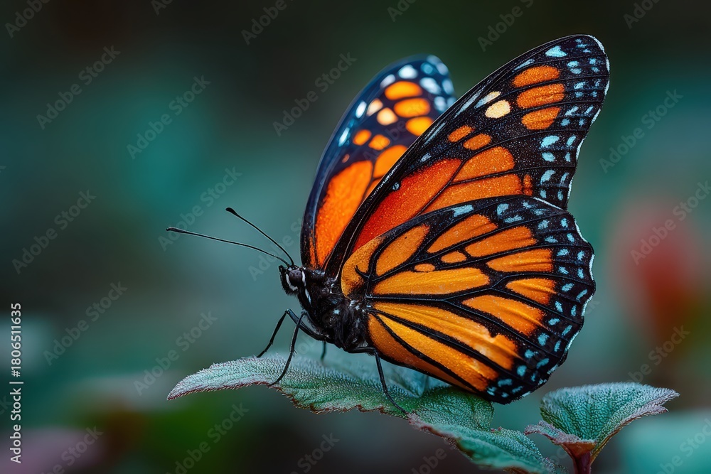 Obraz premium Colorful butterfly resting on a leaf captured in macro detail