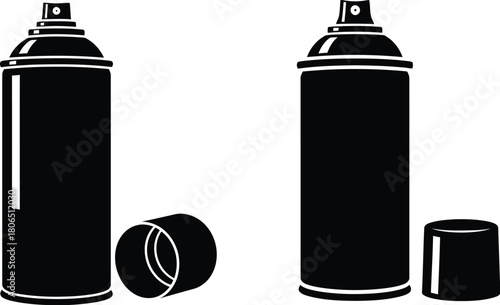 Two black spray paint cans and their caps isolated on white background