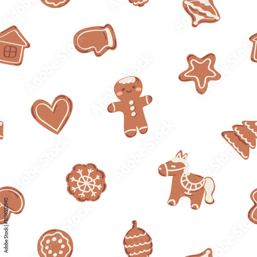Christmas seamless vector pattern on white background. New Year gingerbread cookies of various shapes.  Cute illustration  design for wrapping paper and fabric printing.