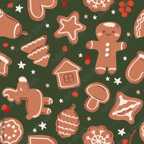 Christmas gingerbread cookies of various shapes. Festive seamless pattern on dark green background. Vector illustration.