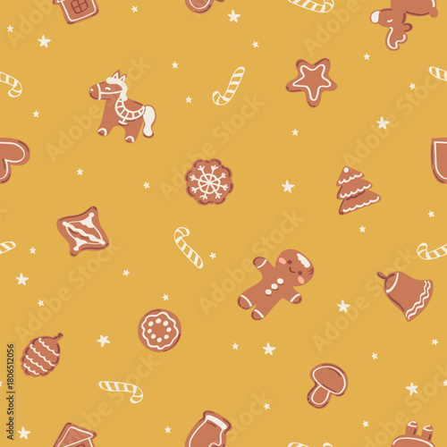 Christmas gingerbread cookies of various shapes. Festive seamless pattern on yellow background. Vector illustration  design for wrapping paper, textile and fabric printing.