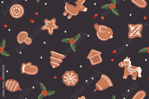 Christmas gingerbread cookies and holly berries. Festive seamless pattern on dark background. Vector illustration. Bird, horse, deer, star, snowflake, house, christmas tree, bell shapes