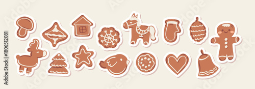 Christmas gingerbread cookie sticker set. Sweet gingerbread man, bird, horse, house, deer and heart, snowflake, mitten, Christmas tree, bell, star. Vector illustration isolated on white.